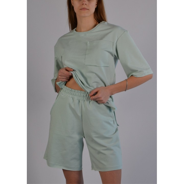 Костюм жіночий двонитка ментол (футболка оверсайз та шорти) S-XL