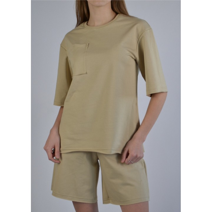 Костюм жіночий двонитка бежевий (футболка оверсайз та шорти) S-XL