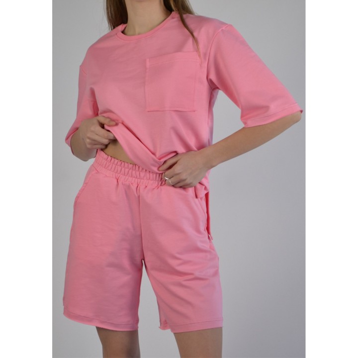 Костюм жіночий двонитка рожевий (футболка оверсайз та шорти) S-XL