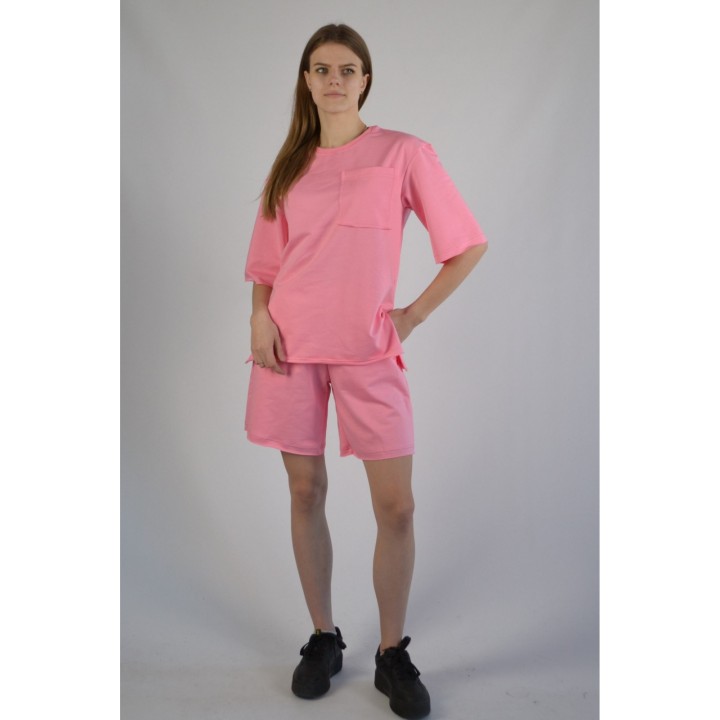 Костюм жіночий двонитка рожевий (футболка оверсайз та шорти) S-XL