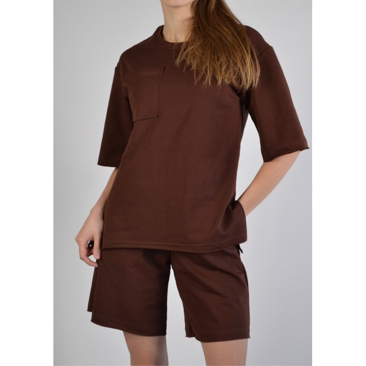 Костюм жіночий двонитка коричневий (футболка оверсайз та шорти) S-XL