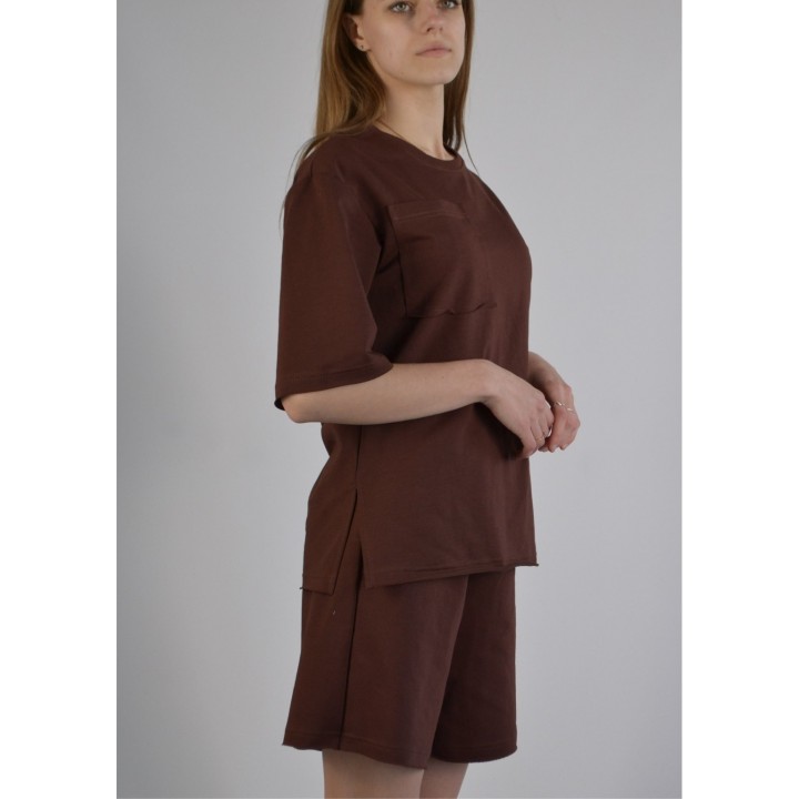 Костюм жіночий двонитка коричневий (футболка оверсайз та шорти) S-XL