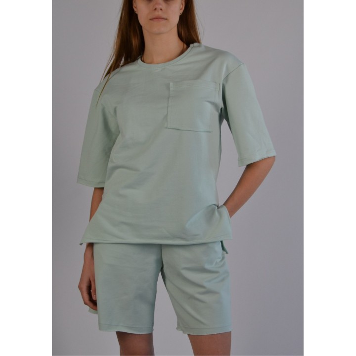 Костюм жіночий двонитка ментол (футболка оверсайз та шорти) S-XL