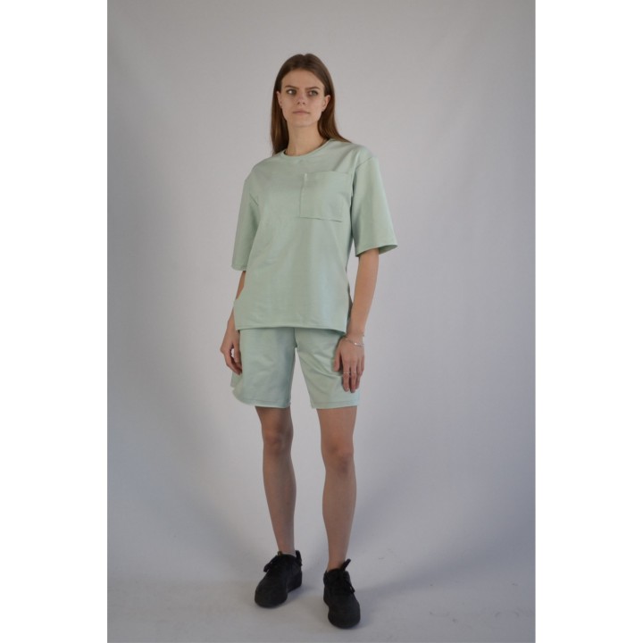 Костюм жіночий двонитка ментол (футболка оверсайз та шорти) S-XL