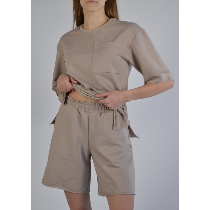 Костюм жіночий двонитка камінь (футболка оверсайз та шорти) S-XL