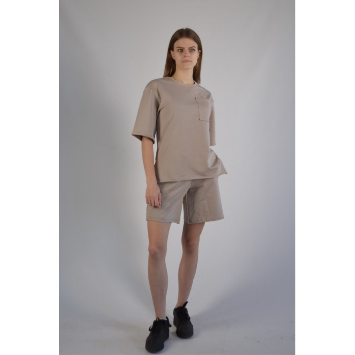 Костюм жіночий двонитка камінь (футболка оверсайз та шорти) S-XL