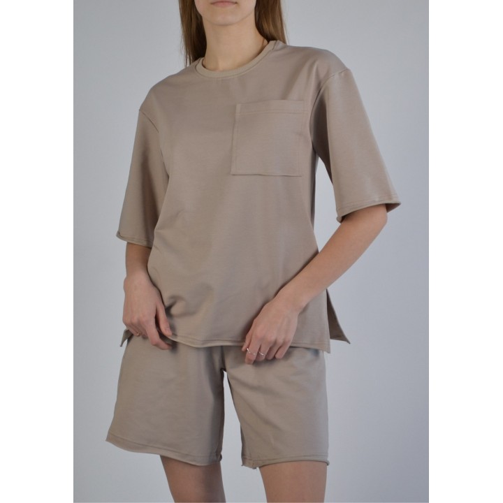 Костюм жіночий двонитка камінь (футболка оверсайз та шорти) S-XL