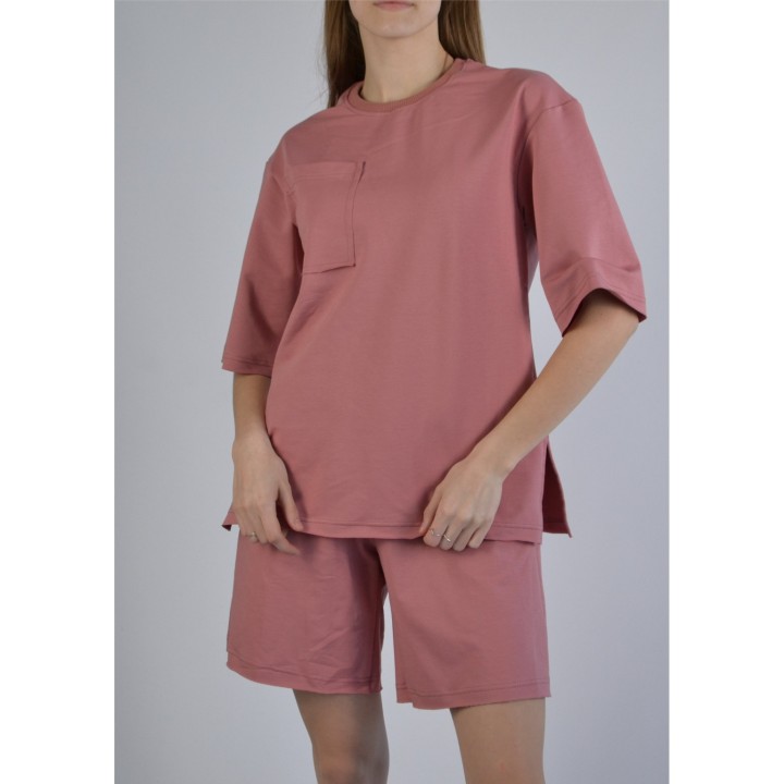 Костюм жіночий двонитка кораловий (футболка оверсайз та шорти) S-XL