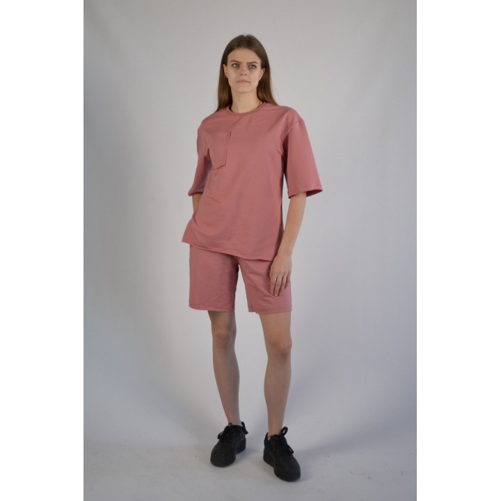 Костюм жіночий двонитка кораловий (футболка оверсайз та шорти) S-XL