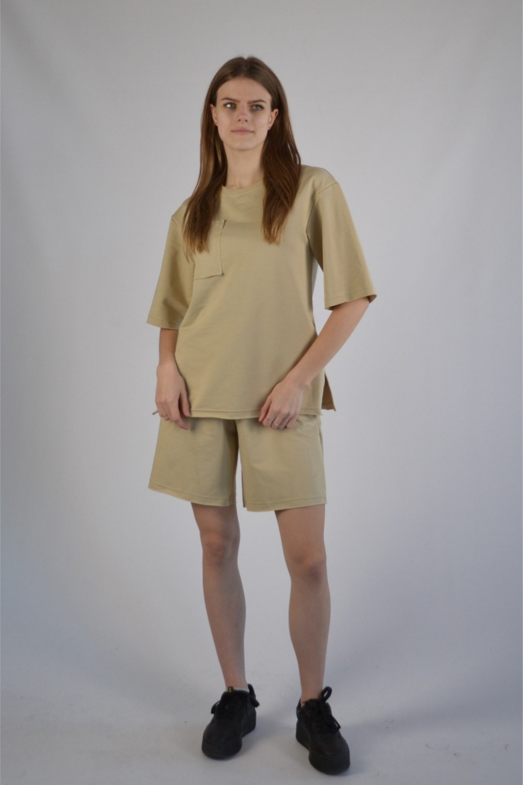 Костюм жіночий двонитка бежевий (футболка оверсайз та шорти) S-XL