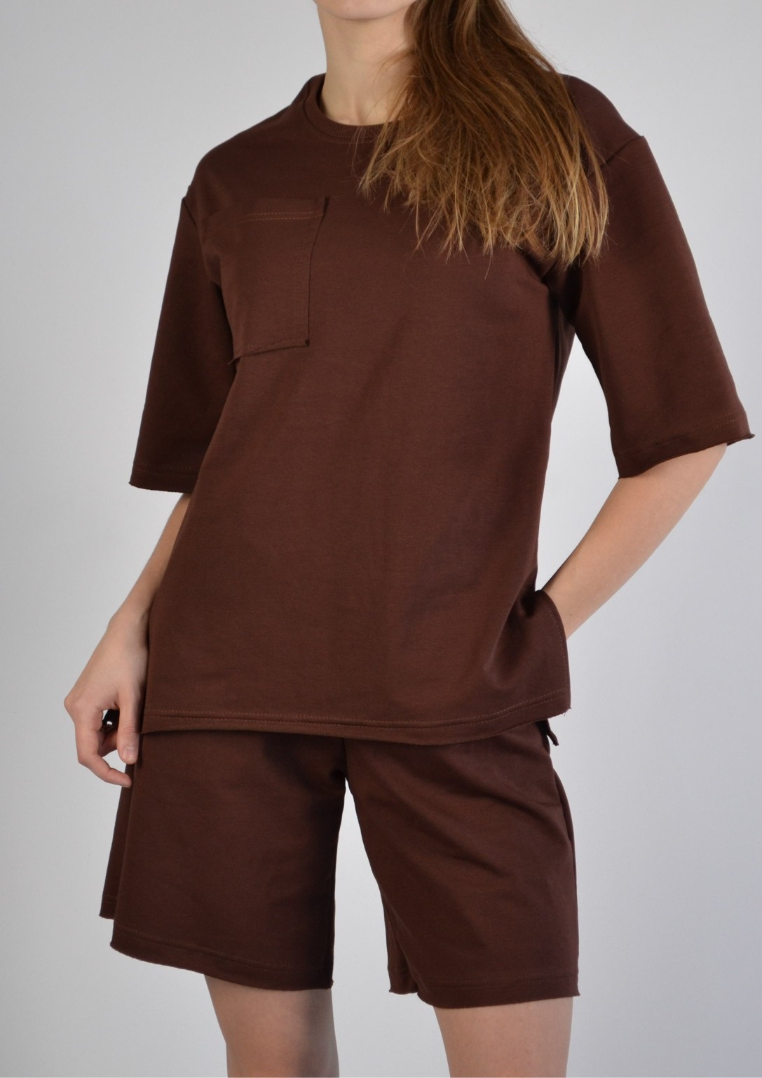 Костюм жіночий двонитка коричневий (футболка оверсайз та шорти) S-XL