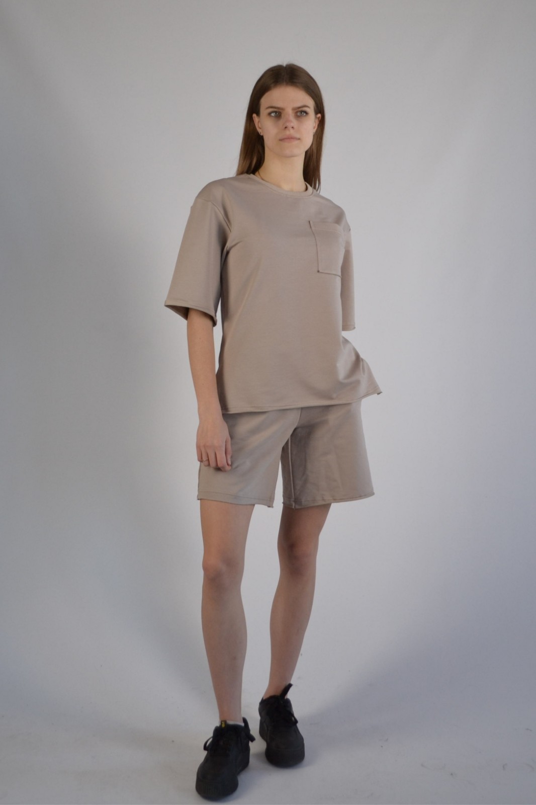 Костюм жіночий двонитка камінь (футболка оверсайз та шорти) S-XL