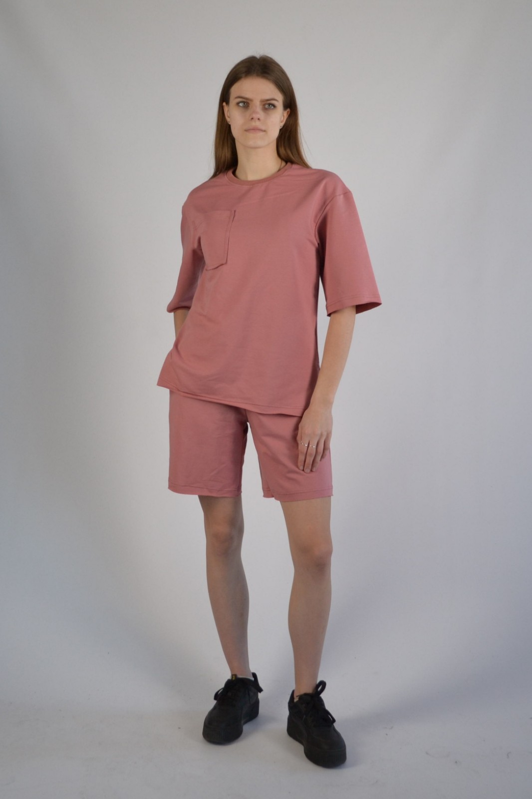 Костюм жіночий двонитка кораловий (футболка оверсайз та шорти) S-XL